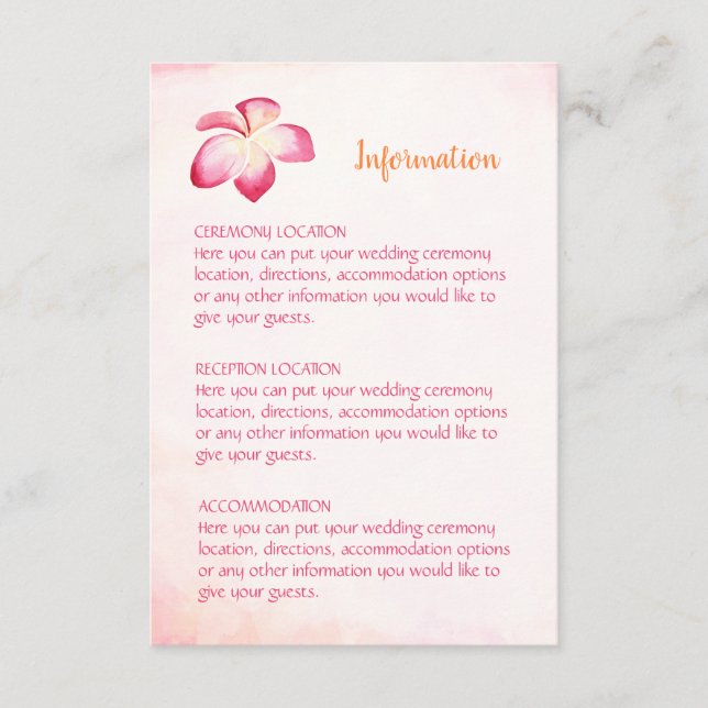 Tarjetas de información del Boda de Plumeria Sunse (Anverso)