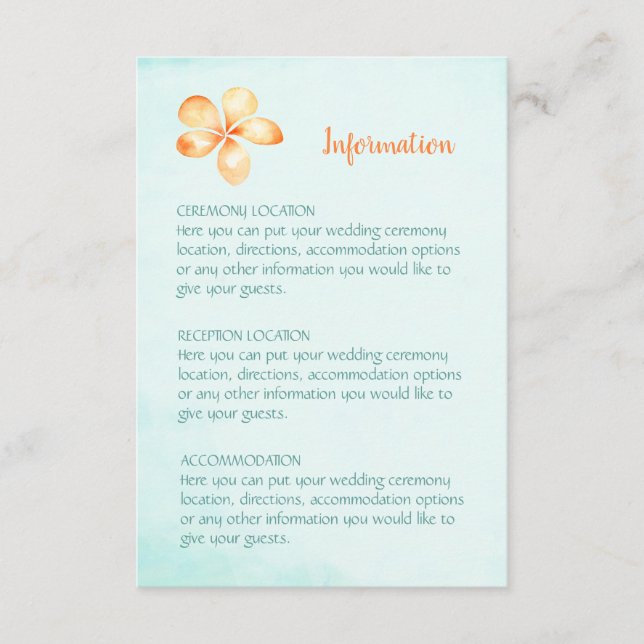 Tarjetas de información del Boda Plumeria Island (Anverso)