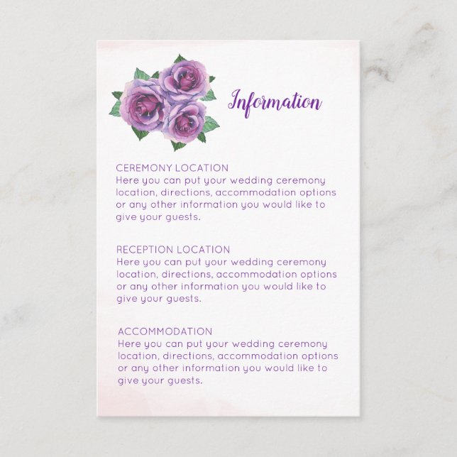 Tarjetas de información del Boda Purple Rose Bouqu (Anverso)