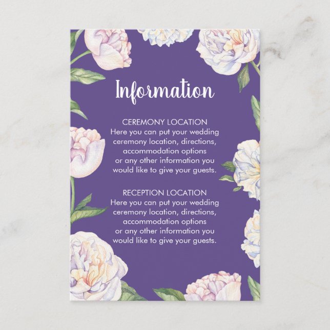 Tarjetas de información Peony Violet Purple Boda (Anverso)