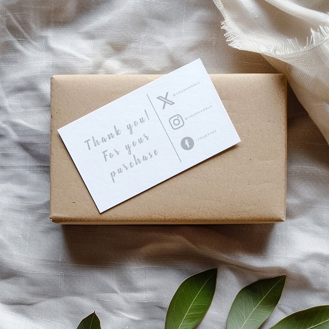 Tarjetas de inserción de enlaces sociales en gris  (White and grey silver "Thank you for your purchase" insert card with social media icons and details)