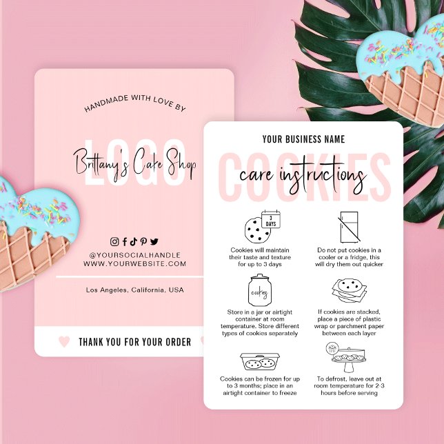Tarjetas de instrucciones de cuidado de cookies mo (Feminine pink and white cookies care cards and storage instructions cards for bakers)