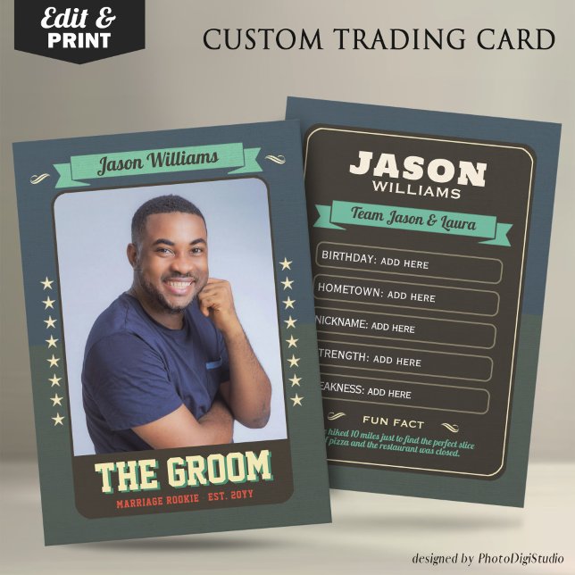 Tarjetas de intercambio de boda personalizadas, ta (Custom Wedding Trading Cards, Retro Groom Card)