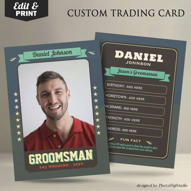 Tarjetas de intercambio de boda personalizadas, ta (Custom Wedding Trading Cards, Retro Groomsmen Card
)