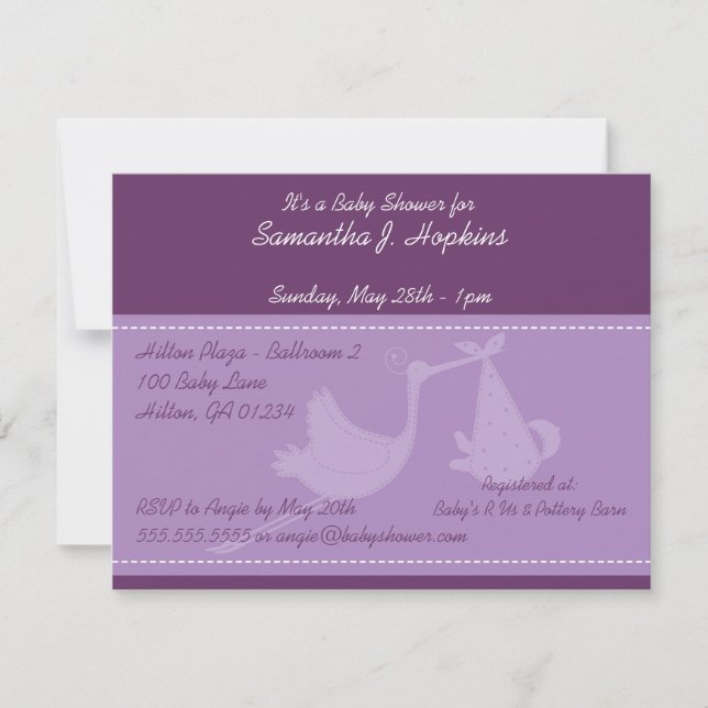 Tarjetas de invitación Baby Shower Purple Stork (Anverso)