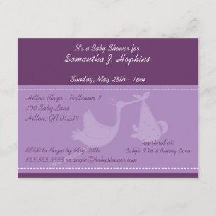 Tarjetas de invitación Baby Shower Purple Stork