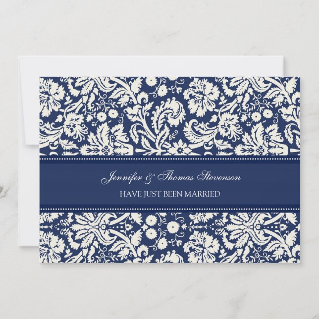 Tarjetas de Invitación Blue Damask Just Casried (Anverso)