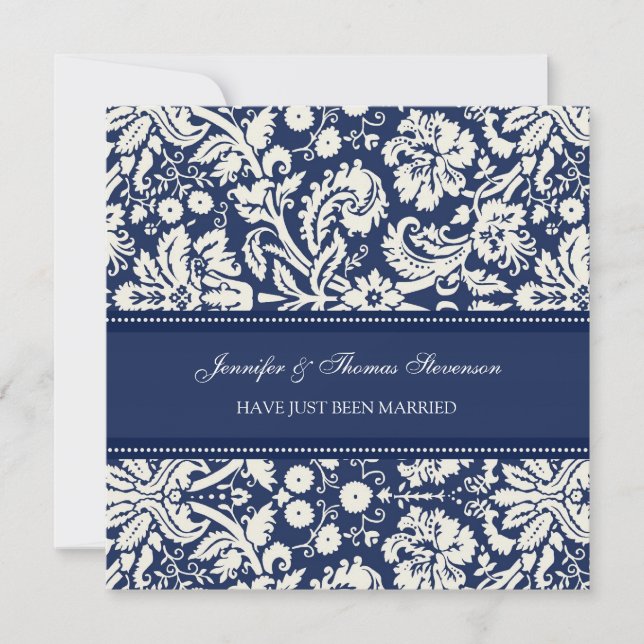 Tarjetas de Invitación Blue Damask Just Casried (Anverso)