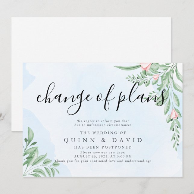 Tarjetas de Invitación Boda postponedoras azul y t (Anverso / Reverso)