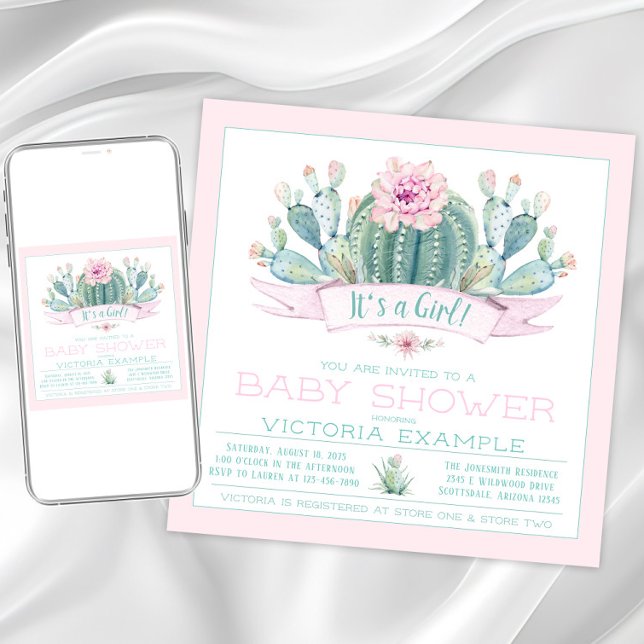 Tarjetas de Invitación de Baby Shower de Cactus Ad (Girl cactus baby shower invitation. Instant download and printed invitations available.)