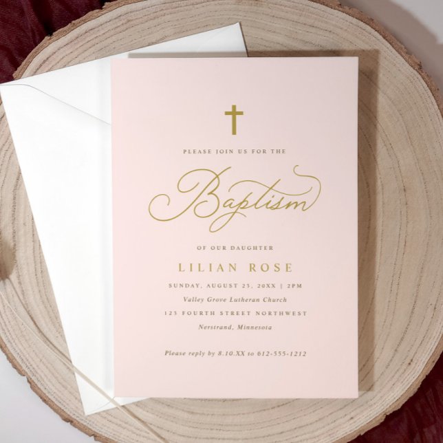 Tarjetas de Invitación de Bautizo con Cruz - Niña  (Light pink girl’s baptism invitation with gold script and cross—elegant and personalized.)