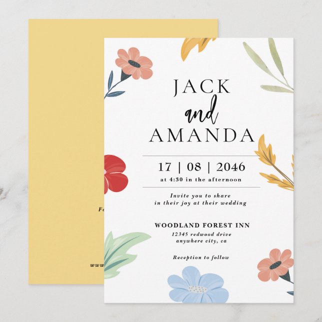 Tarjetas de invitación de boda alegres, festivas y (Anverso / Reverso)