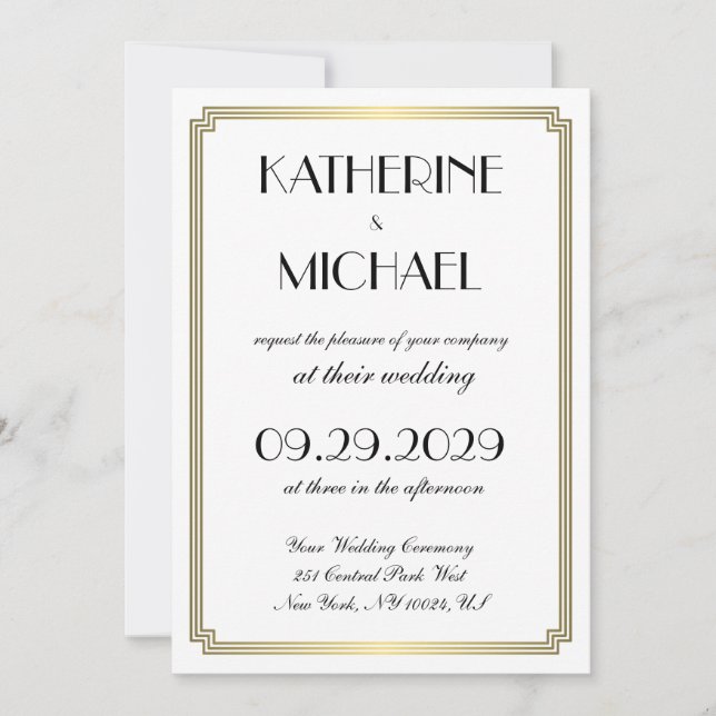 Tarjetas de Invitación de Boda Art Déco Blancas El (Anverso)