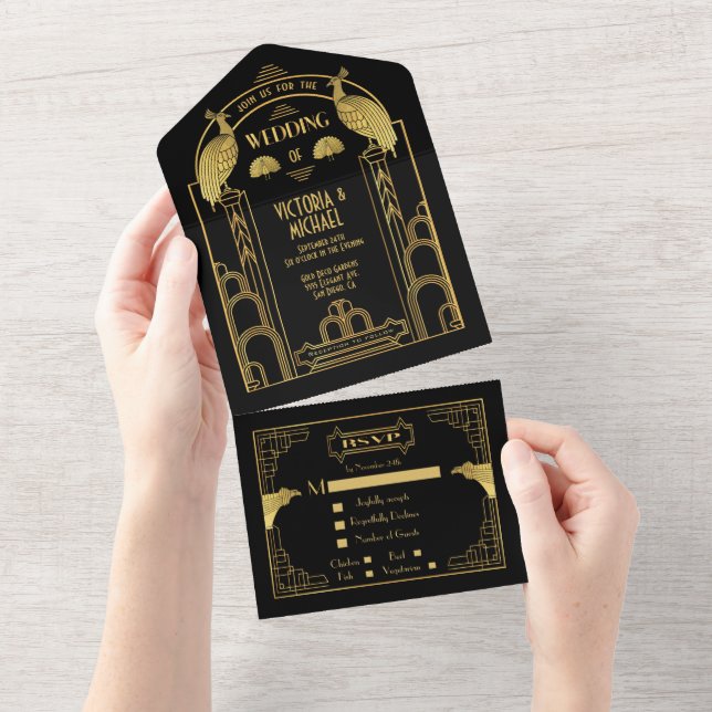 Tarjetas de Invitación de Boda Art Deco Pavón Dora (desgarro)