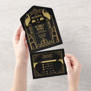 Tarjetas de Invitación de Boda Art Deco Pavón Dora