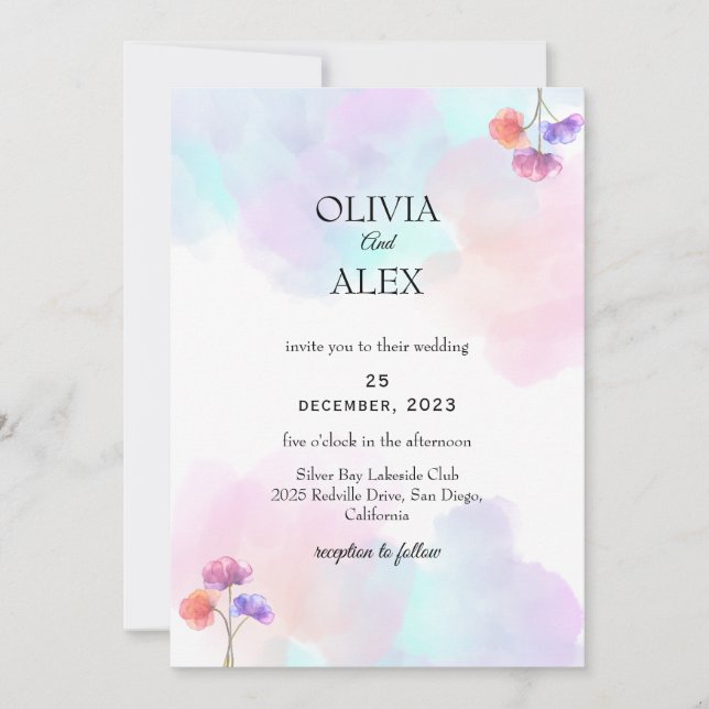 Tarjetas de Invitación de Boda Chic Rosa y Azul (Anverso)