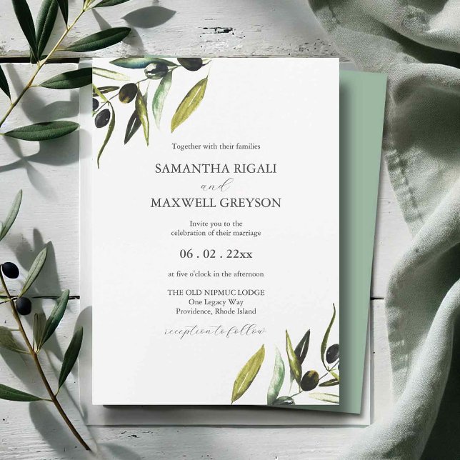 Tarjetas de invitación de boda con acuarela de oli (olive wedding invitations features watercolor art by Victoria Grigaliunas of do Tell A Belle)