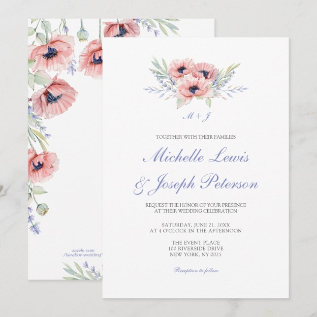 Tarjetas de Invitación de Boda con Acuarela Floral (Anverso / Reverso)