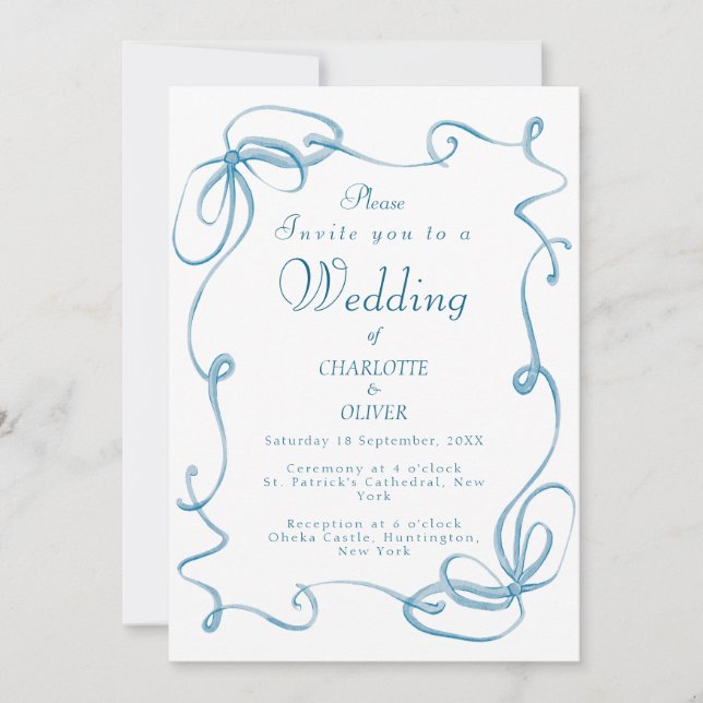 Tarjetas de Invitación de Boda con Cinta Azul Eleg (Anverso)