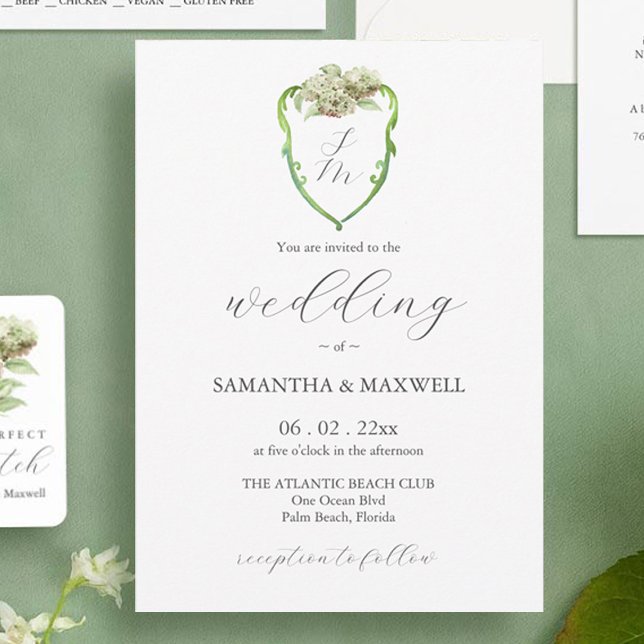 Tarjetas de Invitación de Boda con Cresta de Horte (Green hydrangea watercolor crest wedding invitation by Victoria Grigaliunas of Do Tell A Belle)