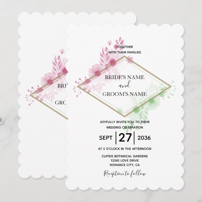 Tarjetas de Invitación de Boda con Flores de Acuar (Anverso / Reverso)