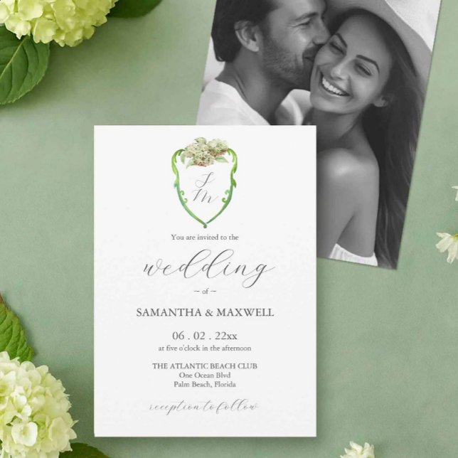 Tarjetas de Invitación de Boda con Hortensias y Mo (wedding monogram invitations with green and white hydrangeas by Victoria of Do Tell A Belle)