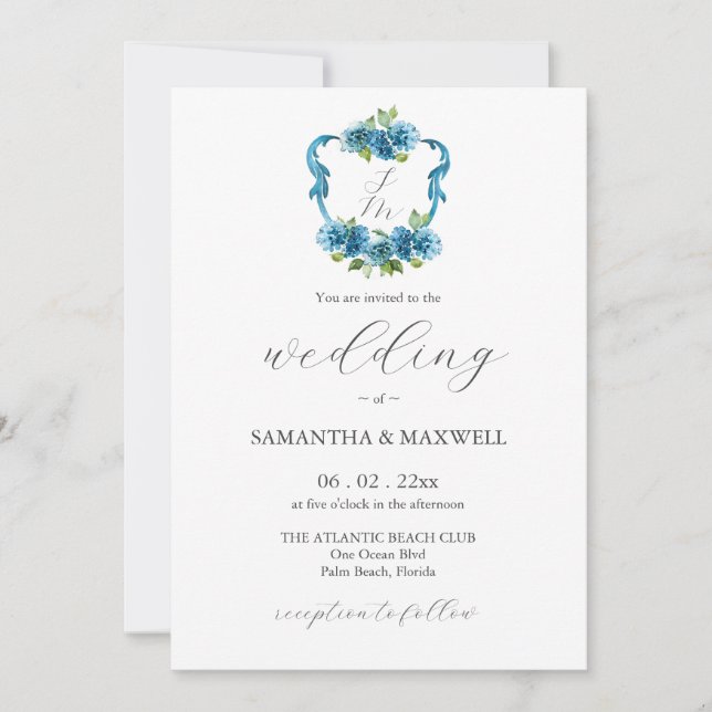 Tarjetas de Invitación de Boda con Hortensias y Mo (Anverso)