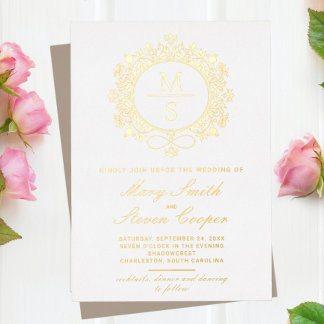 Tarjetas de Invitación de Boda con Monograma Dorad