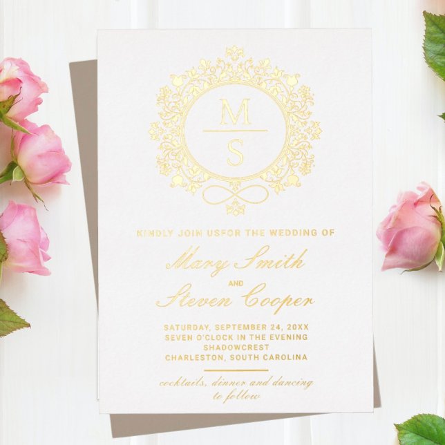 Tarjetas de Invitación de Boda con Monograma Dorad (I wish you happiness!)