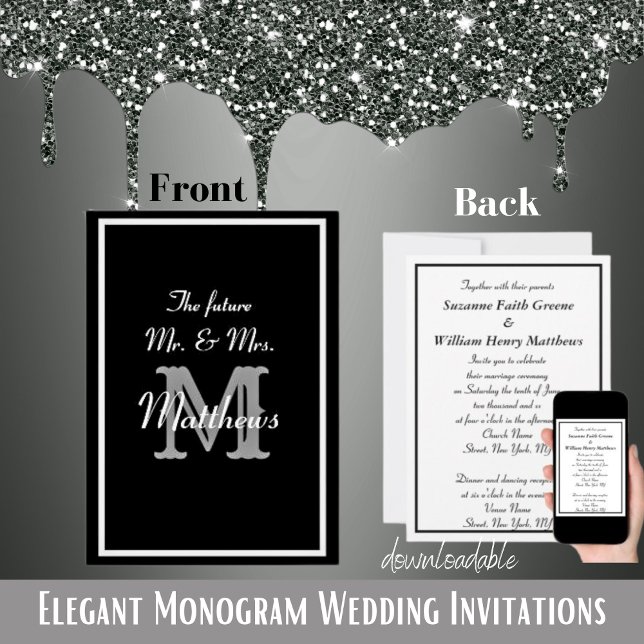 Tarjetas de Invitación de Boda con Monograma Elega (Elegant Mr Mrs Monogram Black Wedding Invitations)