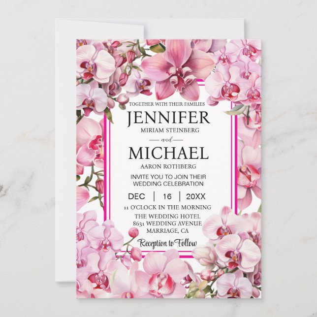 Tarjetas de Invitación de Boda con Orquídeas Rosad (Anverso)