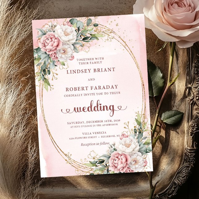 Tarjetas de Invitación de Boda con Rosas Doradas y (Timeless Rose Gold Blush Greenery Wedding Invitation)