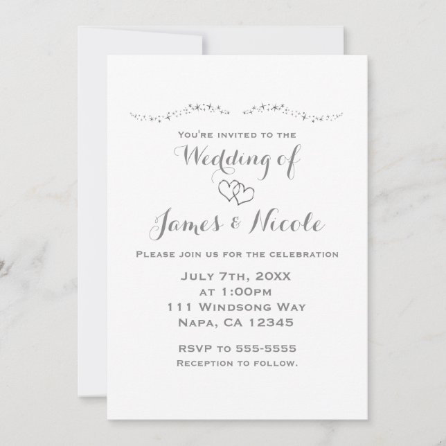 Tarjetas de Invitación de Boda Corazones Plateados (Anverso)