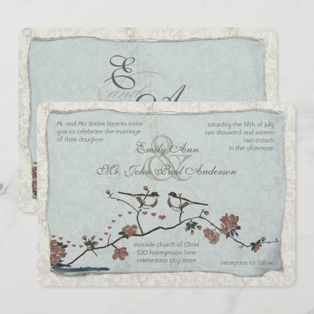 Tarjetas de Invitación de Boda Damask con Canela y (Anverso / Reverso)