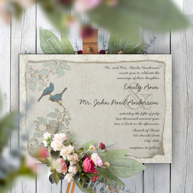 Tarjetas de Invitación de Boda Damask de Pájaros d (Subido por el creador)