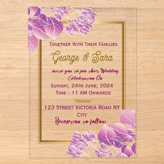 Tarjetas de Invitación de Boda de Acrílico (Anverso)