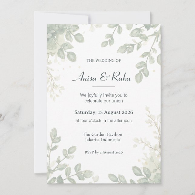 Tarjetas de Invitación de Boda de Botánicas Acuare (Anverso)