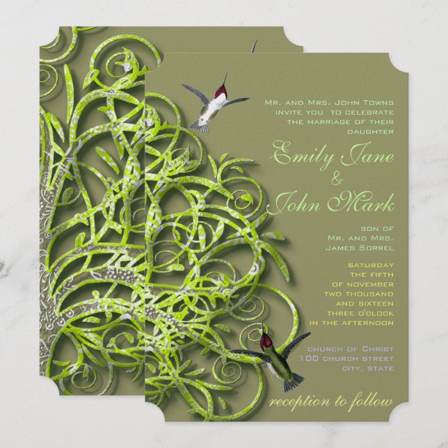 Tarjetas de Invitación de Boda de Colibríes Árbol  (Anverso / Reverso)