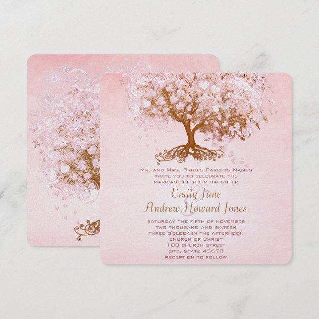 Tarjetas de Invitación de Boda de Corazón de Rosa  (Anverso / Reverso)