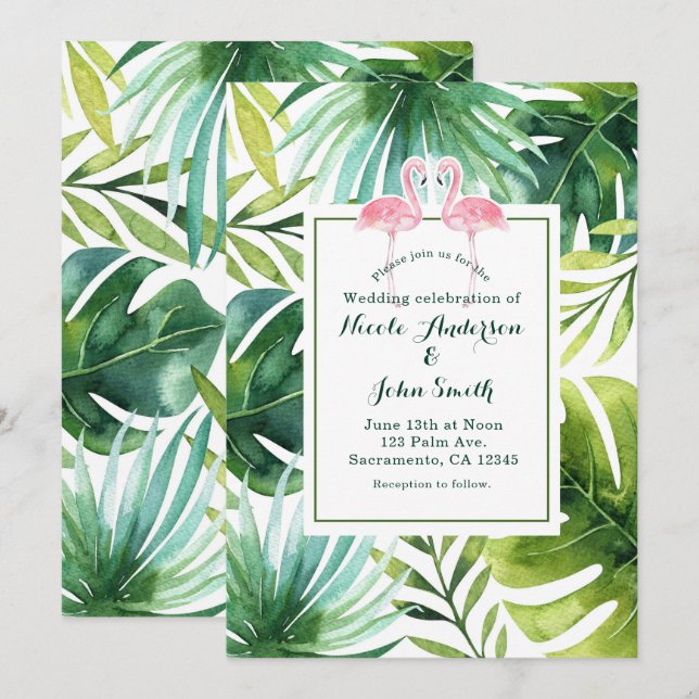 Tarjetas de Invitación de Boda de Hojas Tropicales (Anverso / Reverso)