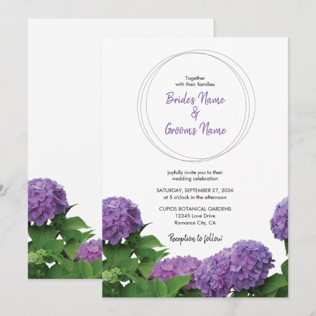 Tarjetas de Invitación de Boda de Hortensias Morad (Anverso / Reverso)