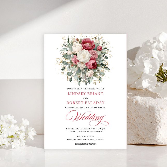 Tarjetas de Invitación de Boda de Lujo Bohemio con (Luxury Bohemian Red Blush Greenery Wedding Invitation)