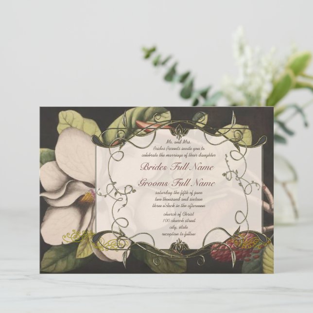 Tarjetas de Invitación de Boda de Magnolias Románt (Anverso de pie)