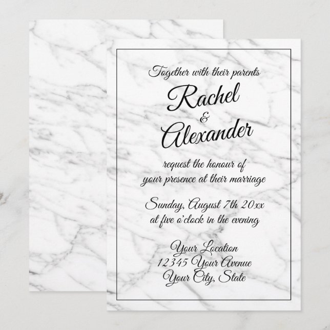 Tarjetas de invitación de boda de mármol blanco el (Anverso / Reverso)