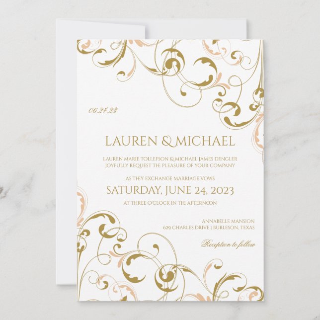 Tarjetas de Invitación de Boda de Melocotón y Oro  (Anverso)