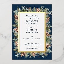 Tarjetas de Invitación de Boda de Oro con Azul Mar