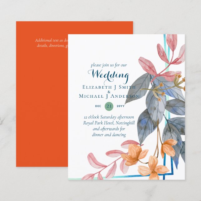 Tarjetas de invitación de boda de otoño con hojas  (Anverso / Reverso)