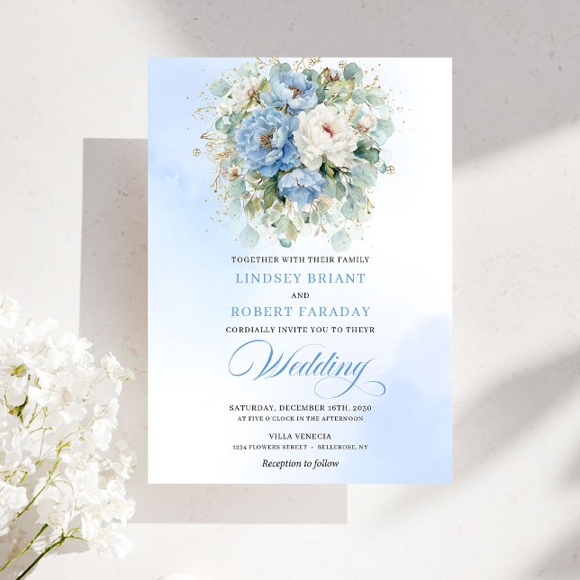 Tarjetas de Invitación de Boda de Peonía Blanca Az (Botanical Dusty Blue White Peony Wedding Invitation)