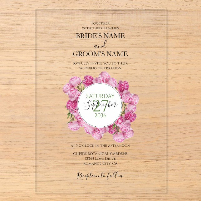 Tarjetas de Invitación de Boda de Peonías Rosadas  (Anverso)