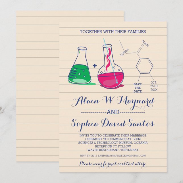 Tarjetas de invitación de boda de química rosa y v (Anverso / Reverso)